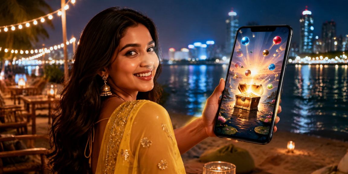 ঢাকার সৈকতে একজন খেলোয়াড় মোবাইলে লটারি গেম উপভোগ করছেন