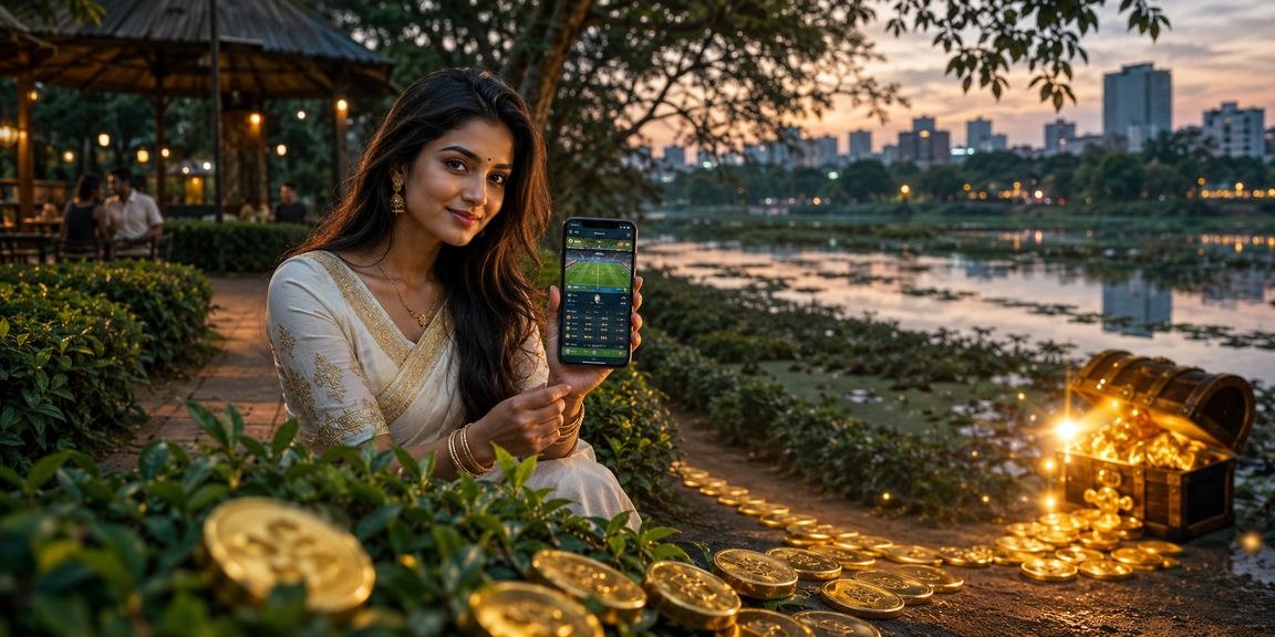 ঢাকার একজন ব্যবহারকারী চা বাগানে বসে মোবাইলে ক্যাসিনো ইন্টারফেস ব্যবহার করছেন